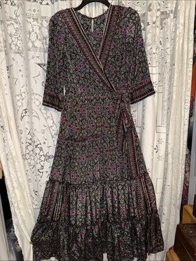 Black Floral Wrap Maxi Dress with Pink Accents